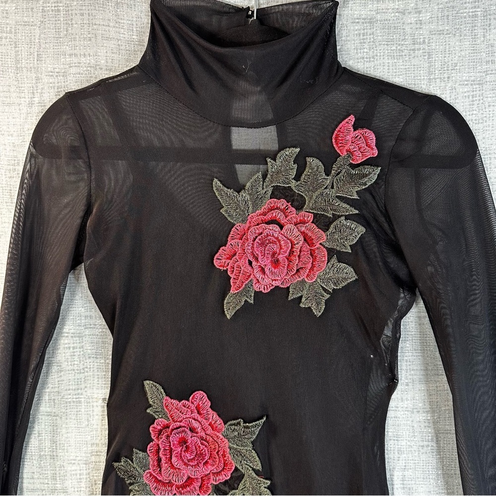 Love J Black Mesh Mini Dress Long Sleeve Pink Rose Embroidery Mock Neck Small - Picture 2 of 16
